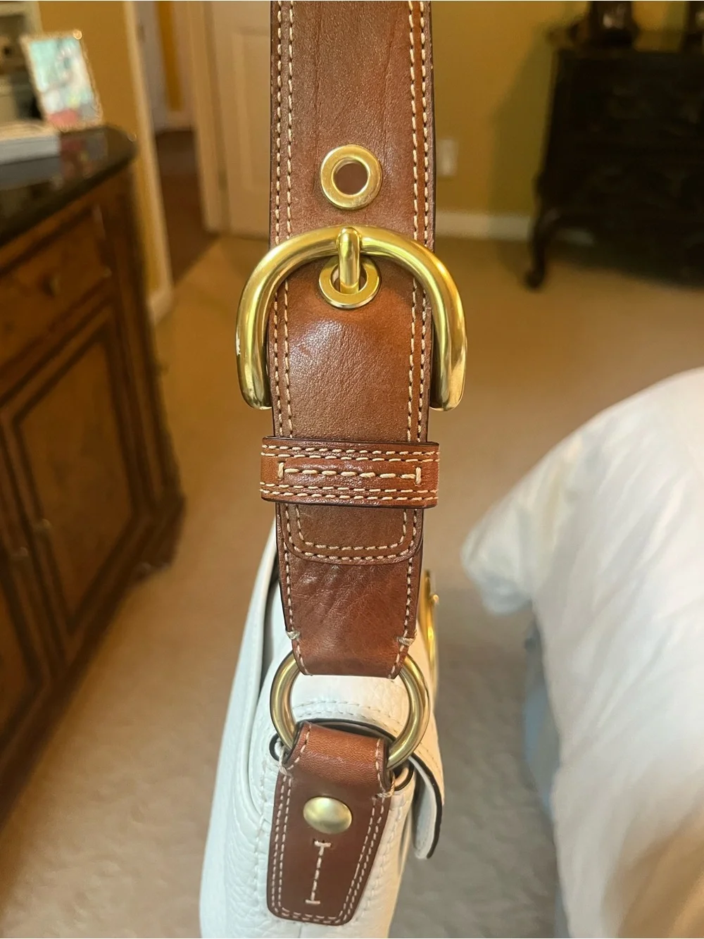 Coach White Pebbled Leather Shoulder Bag with Brown Strap and Gold Hardware